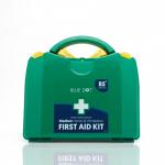 The photograph showcases a Crest Medical First Aid Blue Dot Medium BS 8599-1 (2019) First-Aid Kit in a PGB Box - M9 60087WC. The kit is neatly organized in a compact and sturdy box, with a blue dot design on the front. The label reads First-Aid Kit in bold letters. The kit contains various medical supplies and equipment, including bandages, gauze, and gloves. The box also has a handle for easy transportation.