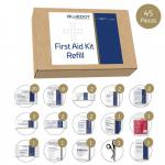 The image shows a Crest Medical First Aid Refill Blue Dot for a SMALL BS 8599-1 (2019) First-Aid Kit. The kit refill is labeled S10 60101WC and contains various medical supplies. The blue dot indicates it is suitable for small-sized kits.