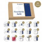 The picture shows a blue dot First-Aid Kit Refill from Crest Medical, with the kit size being LARGE and compliant with BS 8599-1 (2019) standards. The refill is labeled L10 60108WC and includes various medical supplies for first aid. The packaging is sleek and professional, making it easily identifiable in a medical setting.
