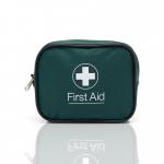 A photo of the Crest Medical Travel First Aid Kit shows a compact green zipped bag with a blue dot design, containing essential supplies for one person on the go.