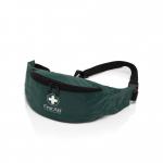 This image shows a blue first aid kit with the Crest Medical logo, designed for one person and perfect for traveling. The kit is displayed in a green bum bag, making it easy to carry and access in case of emergencies.