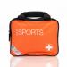 In the picture, there is a Crest Medical First Aid Blue Dot Medium Sports First Aid Kit in an orange bag with the label 300002PS 60143WC. The bag is filled with various medical supplies and has a cross symbol on it. The kit appears to be compact and portable, perfect for handling minor sports injuries on the go.