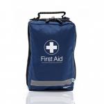 The photograph shows a blue bag with the brand Crest Medical First Aid printed on it and a blue dot in the center. Inside the bag, there is a first aid kit with essential items, designed specifically for sports use. The kit appears to be compact and lightweight, making it convenient for on-the-go situations.