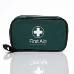 The image features a Crest Medical First Aid Blue Dot PCV Kit, carefully packed into a green first-aid bag. The kit includes 30 pieces and is labeled with a 60164WC code.