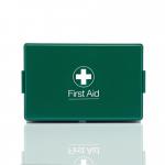 The picture shows a green first aid box with the Crest Medical logo and a blue dot on the lid. The box is sitting on a white bracket and contains various first aid items inside. A label reads 30PCVC10 60171WC.