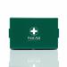 The picture shows a green first aid box with the Crest Medical logo and a blue dot on the lid. The box is sitting on a white bracket and contains various first aid items inside. A label reads 30PCVC10 60171WC.