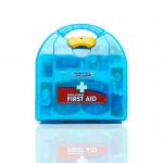 The photo shows a First Aid kit made by Wallace Cameron. It is called the Astroplast Mezzo HSE and can cater to up to 20 people. The kit is filled with various essential items for emergency situations. The box is red and has the companys name on top. The contents are neatly organized and visible through a clear lid. It includes bandages, plasters, gloves, and more.