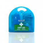 This photograph features a Crest Medical First Aid Astroplast Piccolo Catering First-Aid Kit. The compact kit contains essential items for providing first aid in a variety of settings. It includes bandages, plasters, dressings, cleansing wipes, and more. The sturdy case features a handle for easy transport.