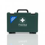 The red and white First Aid kit has a blue dot in the center, indicating its HSE Standard. It is suitable for catering and can accommodate 1-10 people. The kit is labeled Crest Medical First Aid and has the product number 10EF 60227WC.