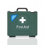 This image shows a standard catering first-aid kit from Crest Medical. The blue dot design indicates it meets HSE standards and the kit can accommodate 1-20 people. It is labeled as the 20EF 60234WC model.