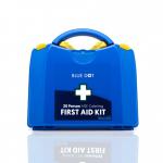 The picture shows a compact, well-stocked First-Aid kit by Crest Medical. It has a blue dot design and is suitable for HSE and PGB Catering, with enough supplies for 1-20 people.