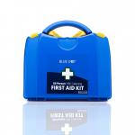 The Crest Medical first aid kit includes a range of supplies for up to 50 people. The blue dot design and HSE PGB catering logo are prominently displayed on the compact and portable kit. The kit contains essential items for dealing with minor injuries and emergencies.