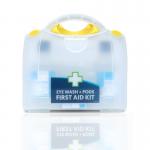 The image shows a Crest Medical Eye Wash kit in clean, bright blue packaging. The kit includes a blue dot eye wash and pod, perfect for emergencies.