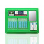 In this photograph, we see a complete Crest Medical Eye Wash Kit, including the Quick Check Eye Pod Station and all necessary components. The eye wash is prepared for quick and easy use in case of emergency, with everything neatly organized and labeled for maximum efficiency.