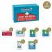 The picture shows a Crest Medical First Aid Refill Astroplast Standard Burns Kit Refill. It contains various sized bandages and burn dressings in a variety of packaging and colors. There are also instruction sheets and medical supplies in the background.