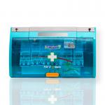 The picture shows a Crest Medical Astroplast Pull N Open Plaster Dispenser filled with 60 washproof plasters, measuring 7.2cm x 2.5cm. The dispenser has a sleek design and is easy to use, making it convenient for on-the-go medical needs. The plasters themselves are neatly stacked and individually sealed for hygiene.