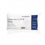 The image shows a pack of Crest Medical First Aid Supplies containing a 500g blue dot cotton wool roll. The roll is neatly compacted and the packaging appears to be in pristine condition. The label prominently displays the brand and product name in bold font.