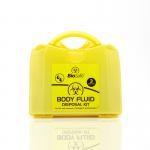 The Crest Medical Body Fluid Kit BioSafe 3 Application Body Fluid Kit includes all necessary supplies for safe and easy handling of bodily fluids. The kit features a clear plastic container with a red biohazard symbol, as well as gloves, apron, and waste bag for proper disposal.