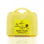 The photograph displays a Crest Medical Body Fluid Kit BioSafe 5 Application Body Fluid Kit. The kit includes multiple components such as gloves, gauze, and disinfectant to safely collect and dispose of body fluid. It is neatly organized in a compact and portable case.