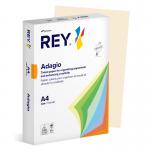 The photograph shows a pack of 250 A4-sized ivory coloured and card-like sheets. Each sheet is 160gsm thick and bears the brand name Sylvamo Coloured & Card Rey Adagio. The sheets are neatly stacked in a ream and have a smooth and elegant finish.