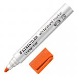 In the photo, a pack of 10 Staedtler Lumocolor Whiteboard Marker Pens can be seen. Each pen has a bullet tip with a 2mm line width and is in the color orange. These high-quality pens are made by Staedtler and are perfect for use on whiteboards or other smooth surfaces.