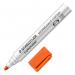 In the photo, a pack of 10 Staedtler Lumocolor Whiteboard Marker Pens can be seen. Each pen has a bullet tip with a 2mm line width and is in the color orange. These high-quality pens are made by Staedtler and are perfect for use on whiteboards or other smooth surfaces.