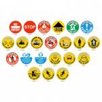 The image shows a bright yellow, circular graphic floor sign with black borders and text. The sign reads Forklift Truck Area in bold font. It is made of PVC film and has a strong self-adhesive backing. The diameter is 430mm and it is sold individually. The sign is produced by Beaverswood Supply Ltd and is part of their floor marking equipment.