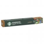 In the photo, there are 10 Starbucks Coffee Pods by Nespresso, each with the House Blend Lungo flavor. The pods are neatly packed in a box and have a smooth, glossy appearance. The packaging features the iconic Starbucks logo and branding.