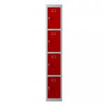 Phoenix PL Series 1 Column 4 Door Personal Locker Grey Body Red Doors with Key Locks PL1430GRK 61937PH