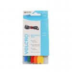 This image shows a pack of five assorted coloured Velcro reusable ties, each measuring 12mmx20cm. The limited hook and loop fasteners are displayed in their packaging, with the name VELCRO clearly visible.