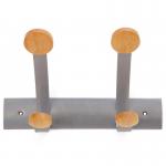 This photograph features an Alba wall coat hook with 2 double pegs in silver grey and light wood. The coat rack is sleek and modern, adding functional and stylish storage to any space.