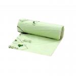 The photograph shows a stack of 25 litre bin liners designed for composting. Each roll contains 26 liners and is labeled as compostable caddy liners. The packaging features green and white colors with clear instructions and product information.