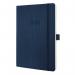 The image shows a sleek, midnight blue diary. The cover has a textured finish and a small logo in the corner. Inside, the week-to-view layout is neatly divided, with each day having ample space for writing. The A5 size makes it perfect for on-the-go planning and organization.
