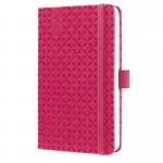 The photograph shows a bright fuschia pink diary from Sigel, featuring the words Slim Diaries and Sigel Jolie Diary 2026 on the cover. The A6 size and week-to-view layout are visible, as well as the elegant font and sleek design. The diary appears sophisticated and modern.