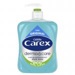 This image features six 500ml bottles of PZ Cussons Hand Wash Carex Original Antibacterial Liquid Soap. The yellow label on the clear bottles reads Carex with the brand logo and Original in white font. The soap is antibacterial and the packaging is simple yet eye-catching.