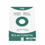 This image features a pack of 100 white Exacompta Record Cards, each measuring 150x100mm and ruled for easy organization. The cards are placed in a Exacompta Card Indexing system, ready to be used for record keeping or note taking.