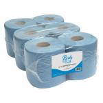 The photo features a pack of 6 blue Blake & White hand towel rolls, with a 2-ply, 100-meter centrefeed roll. The rolls are pure white in color with a subtle smile design embossed on the surface, adding a touch of cheer to any restroom or kitchen.