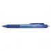 The image shows a pack of 12 Pilot FriXion Clicker erasable retractable gel rollerball pens in blue. Each pen has a 0.5mm tip for precise and smooth writing, with a 0.25mm line width. The pens have a sleek and modern design, with a comfortable grip for easy use. The retractable function allows for convenient storage and prevents ink from drying out. These pens are perfect for any writing task, from note-taking to journaling.