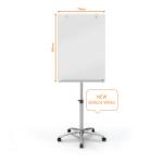 The image showcases a sleek and modern silver mobile flipchart easel from ACCO Brands. The easel is made of glass and is 700x1000mm in size. It features a magnetic surface, making it perfect for presentations and brainstorming sessions. The easel is equipped with a flipchart pad and can be easily moved around thanks to its mobility. Its simple yet stylish design makes it a great addition to any office or meeting room.