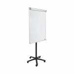 The photograph shows a grey Bi-Silque flipchart easel standing on a mobile frame. The easel features a classic design and measures 700x1000mm. It is magnetic, allowing for easy attachment of papers and notes. The easel is accompanied by a pad of blank paper, ready to be filled with ideas and information. The overall appearance is sleek and professional, making it a great addition to any meeting or presentation.