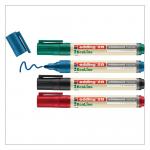 The photo shows four Edding Eco Pens from the EcoLine collection. Each pen has a bullet tip with a line width of 1.5-3mm. The pens come in an assortment of colors. The packaging showcases the brand name and product details.