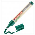 The photo shows a pack of green Edding 29 EcoLine Whiteboard Markers, containing 10 chisel-tipped pens with a line width of 1-5mm. The markers have an eco-friendly design and are labeled as Eco Pens. The packaging prominently displays the Edding brand name and logo. The markers are arranged neatly in the packaging, with the caps facing upward. The vibrant green color of the markers can be seen through the transparent plastic packaging.