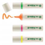 The photo shows a pack of four Edding Eco Pens, specifically the edding 24 EcoLine Highlighter Pen. Each pen has a chisel tip with a 2-5mm line size, perfect for highlighting important information. The pens come in assorted neon colors, adding a pop of brightness to your writing or notes. The pack is labeled with the product name and number, along with the edding logo.