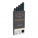 The image shows a black Parker fountain pen from Newell Brands, with a pack of 5 Quink ink refill cartridges visible beside it. The pen is sleek and elegant, with a smooth writing tip and a bold, confident design. The ink refill cartridges are neatly packaged and ready to replenish the pens ink supply.