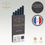 The image shows a pack of five blue Parker Quink ink refill cartridges for fountain pens, neatly displayed next to two Newell Brands Parker Pens. The pens have sleek black and silver designs, with the Parker logo prominently placed on the side. The refills have a classic and elegant look, perfect for any writing task.