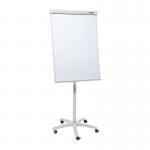 The photo shows a grey magnetic flipchart easel by Dahle, designed specifically for team use. The easel is mobile and easily moveable on its wheels, with a spacious 680x1050mm surface for writing or attaching notes. The team easel concept enables multiple people to collaborate and brainstorm ideas together. The easel pad attached at the top allows for continuous writing and brainstorming without having to constantly flip pages.