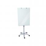 In the photo, there is a sleek and versatile Dahle flipchart easel with a glass surface and a magnetic whiteboard feature. The easel appears to be a muted grey color and has a mobile design, making it easy to move and use in different spaces. The size of the easel is 700x1000mm, providing ample space for writing and displaying materials. A pad of paper is also shown attached to the easel for note-taking or presenting ideas. The overall aesthetic is modern and professional, perfect for any office or presentation setting.