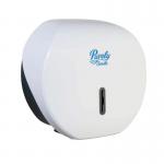 This photo features a clean and modern bathroom with two Blake & White tissue dispensers, one for standard size rolls and one for mini jumbo rolls. The dispensers have a sleek design and are made of a pure white material. The dispensers proudly display the Purely Smile logo, adding a touch of cheer to the bathroom.