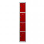 Phoenix PL Series 1 Column 4 Door Personal Locker Grey Body Red Doors with Combination Locks PL1430GRC 87252PH