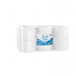 A pack of 24 ValueX toilet rolls, including jumbo and mini sizes, made from 2-ply recycled paper with a total length of 120 metres. Each roll is white and has the ValueX logo printed on it.
